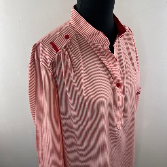 EASSON Red White Striped Long Sleeve Mandarin Collar Pocket Popover Top Blouse - Picture 5 of 8